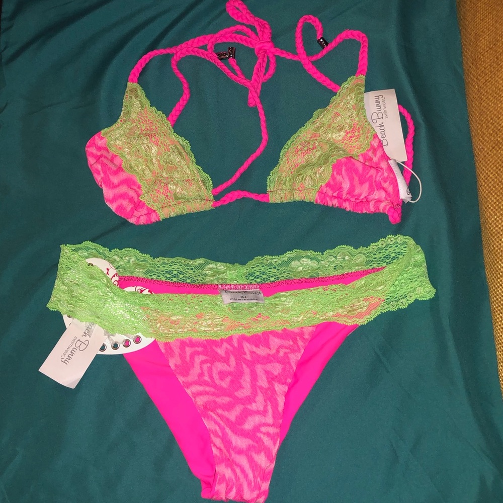 Beach Bunny Hot Pink and Green Bathing Suit NEW